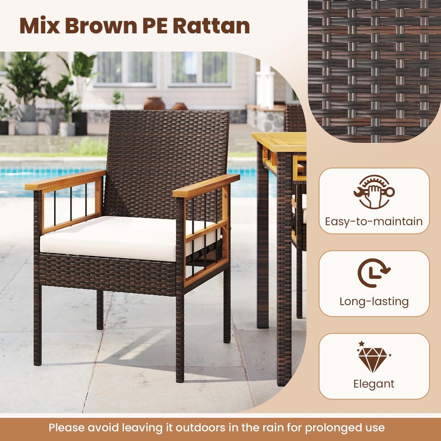 Tangkula Outdoor Acacia Wood Rectangular Table with 1.97” Umbrella Hole and Cushioned Chairs
