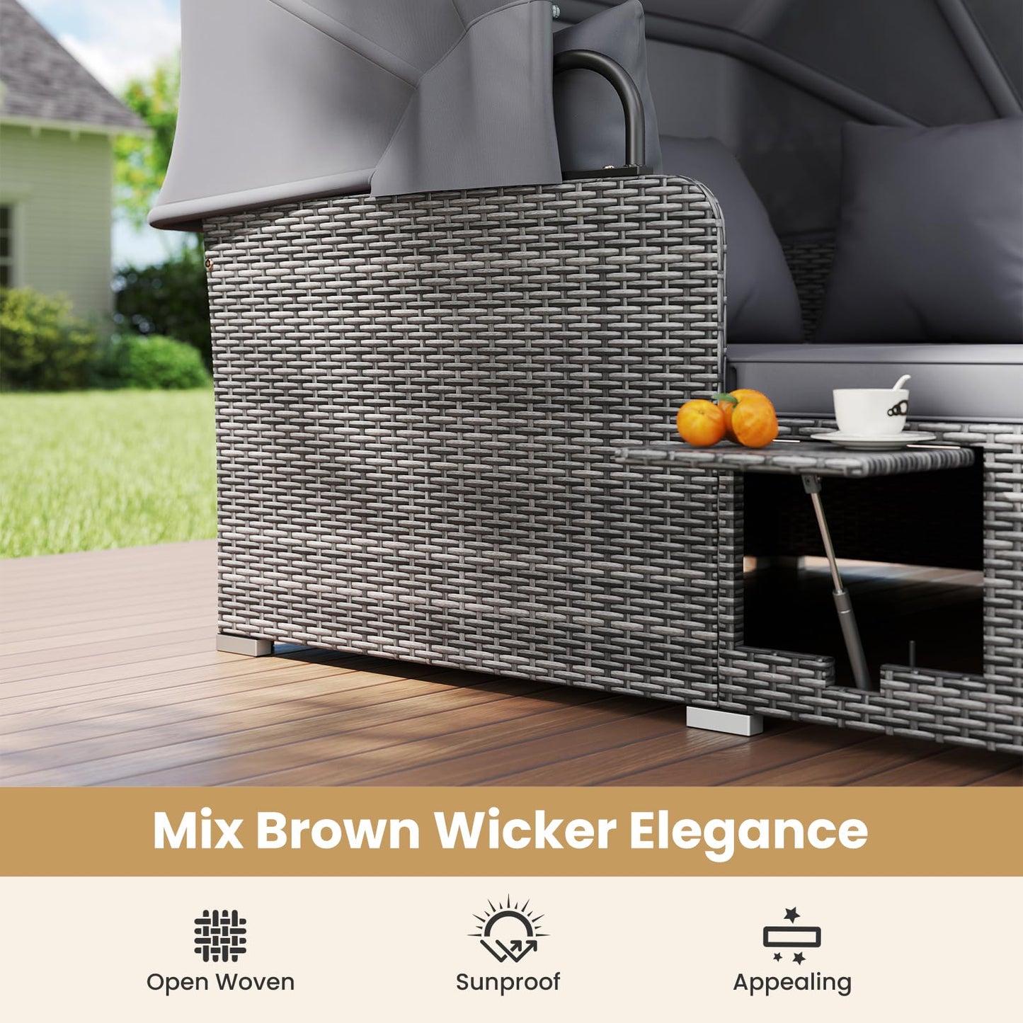 Tangkula Patio Rattan Daybed with Retractable Canopy and Side Tables-Mix Gray