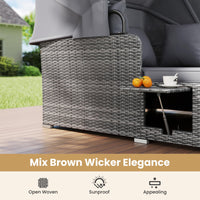 Tangkula Patio Rattan Daybed with Retractable Canopy and Side Tables-Mix Gray