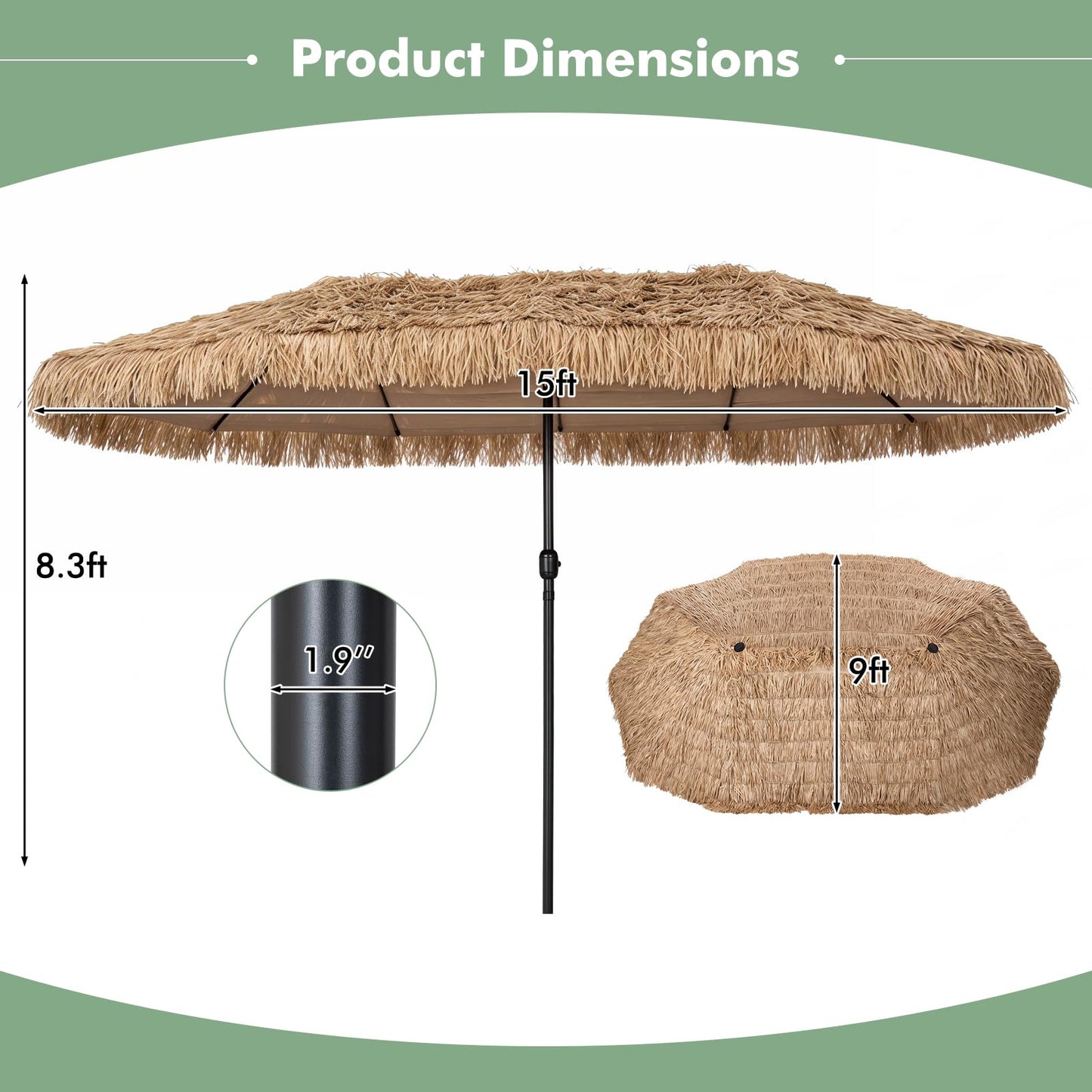 Tangkula 15 FT Tiki Patio Umbrella | Thatched PE Grass