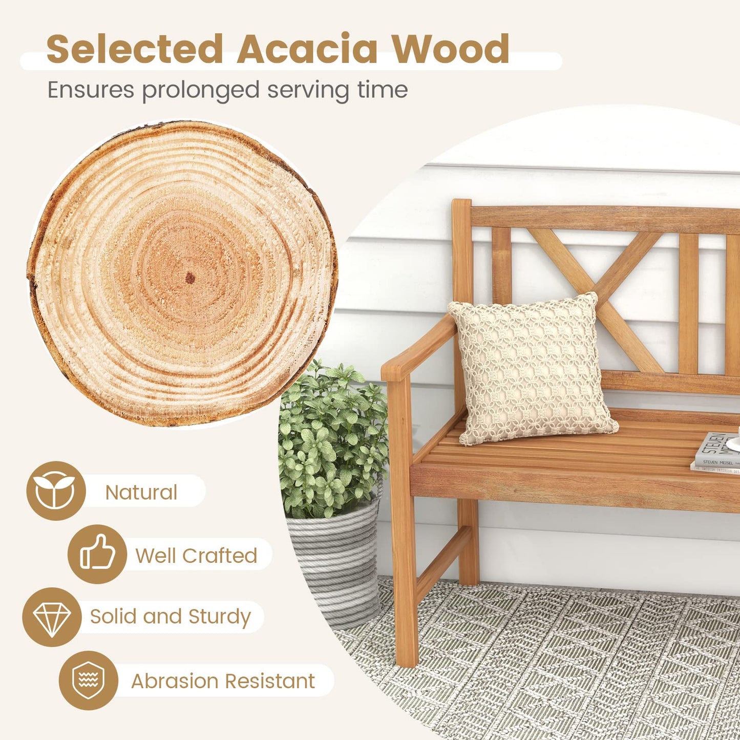 Tangkula Patio Acacia Wood Bench, 2-Person Outdoor Loveseat Chair