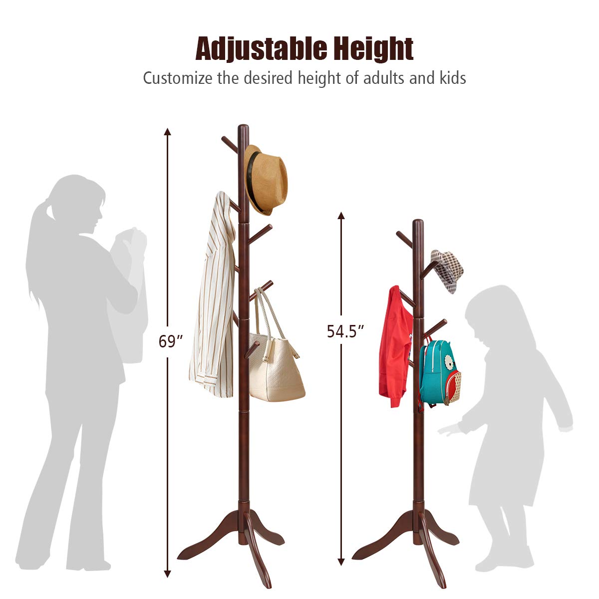 Tangkula Wooden Tree Coat Rack Freestanding, Entryway Coat Stand with 8 Hooks
