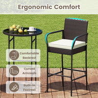 Tangkula Patio Rattan Heavy Duty Bar Height Glass Top Table & 2 Cushioned Barstools
