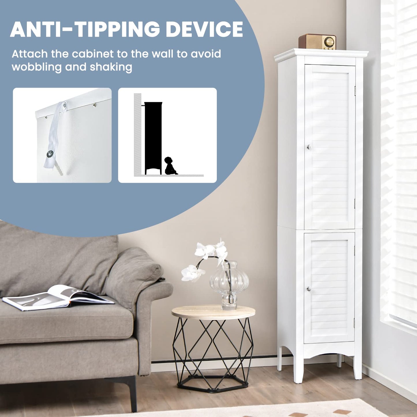 Tangkula Bathroom Storage Cabinet, 63 Inch Tall Narrow Storage Cabinet with 1 Adjustable Shelf and 2 Doors