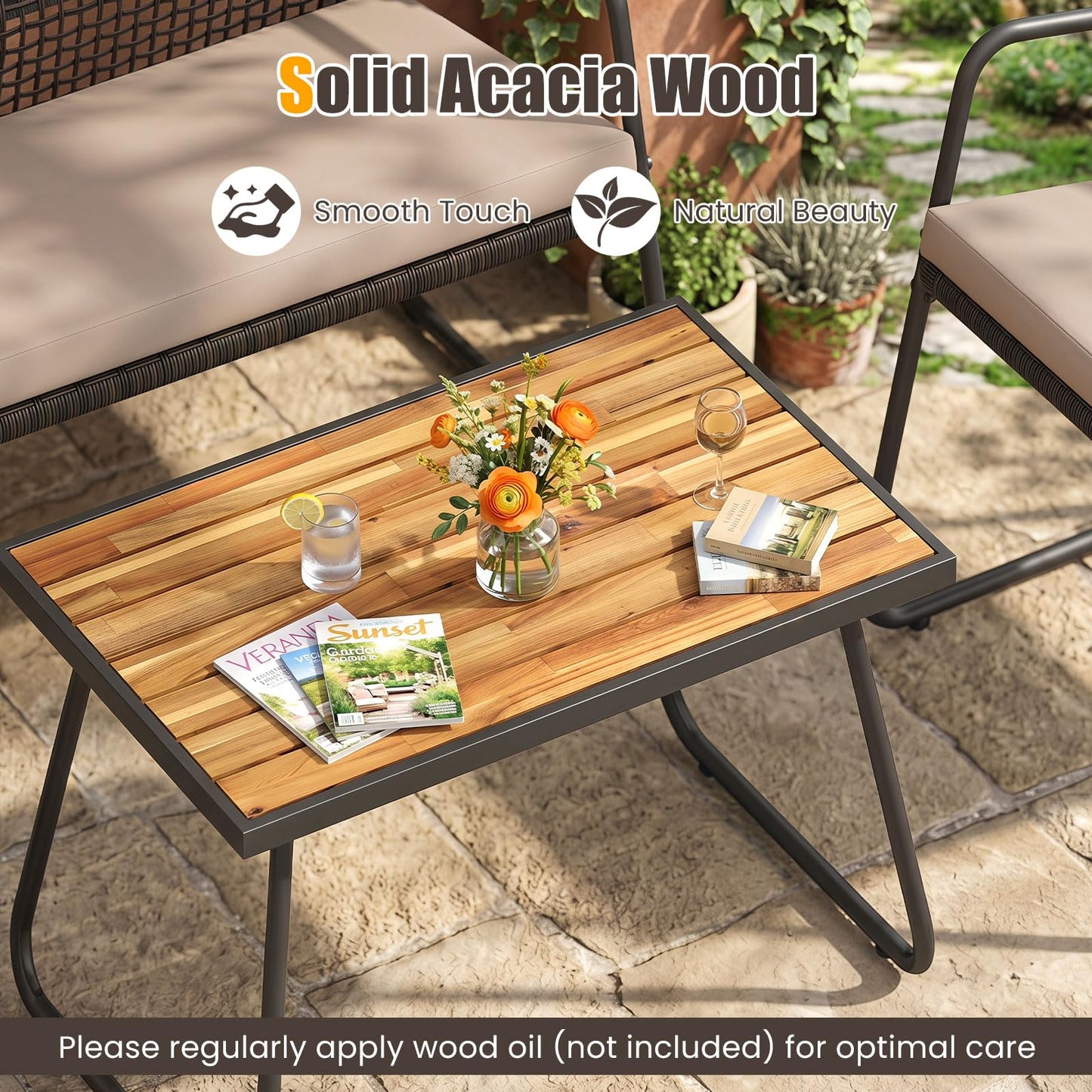 Tangkula 4 Pieces Patio Furniture Set with Acacia Wood Coffee Table & Zippered Cushions