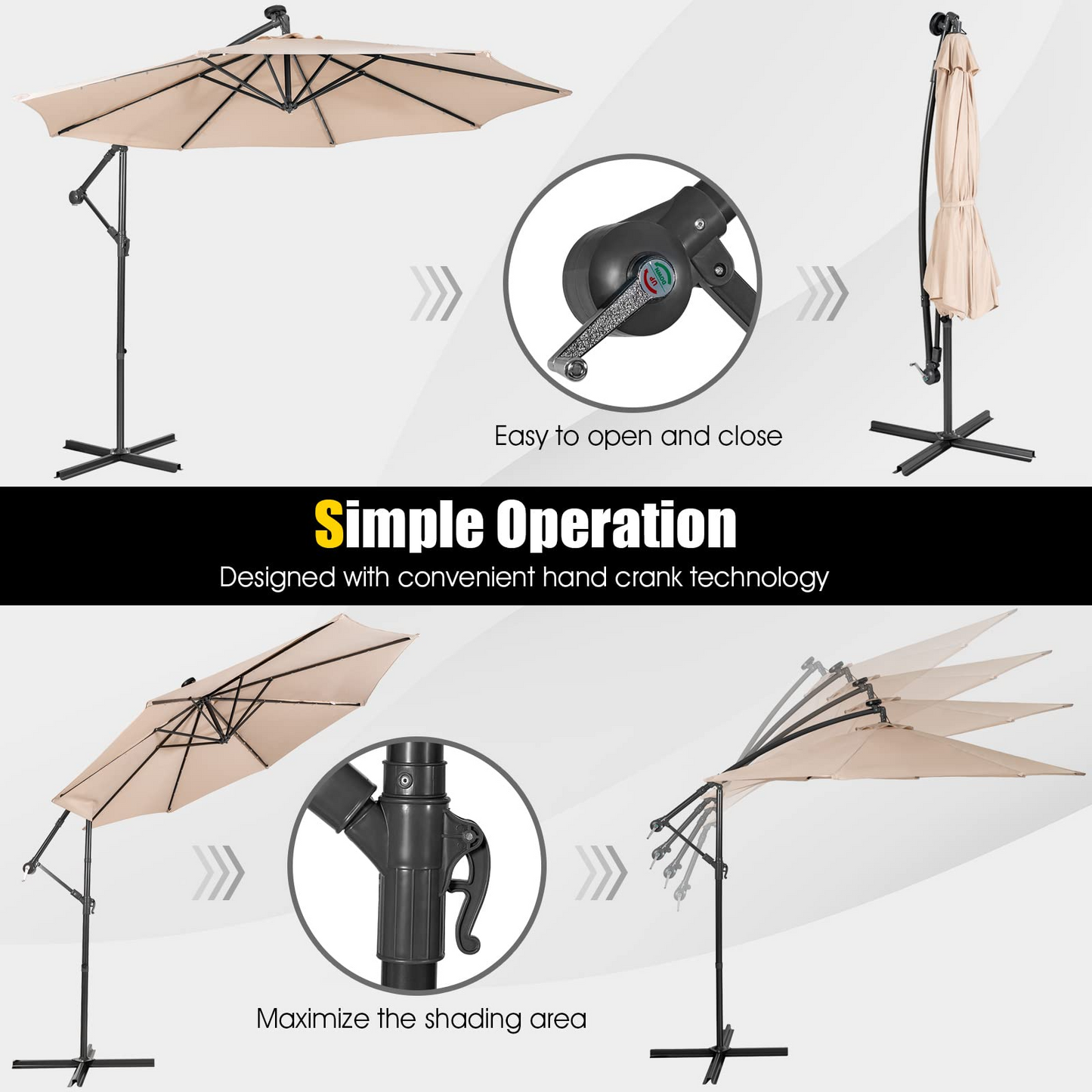 Tangkula 10 ft Cantilever Umbrella w/32 Solar-Powered LED Lights, Functional Tilting System & Hand-Crank Mechanism