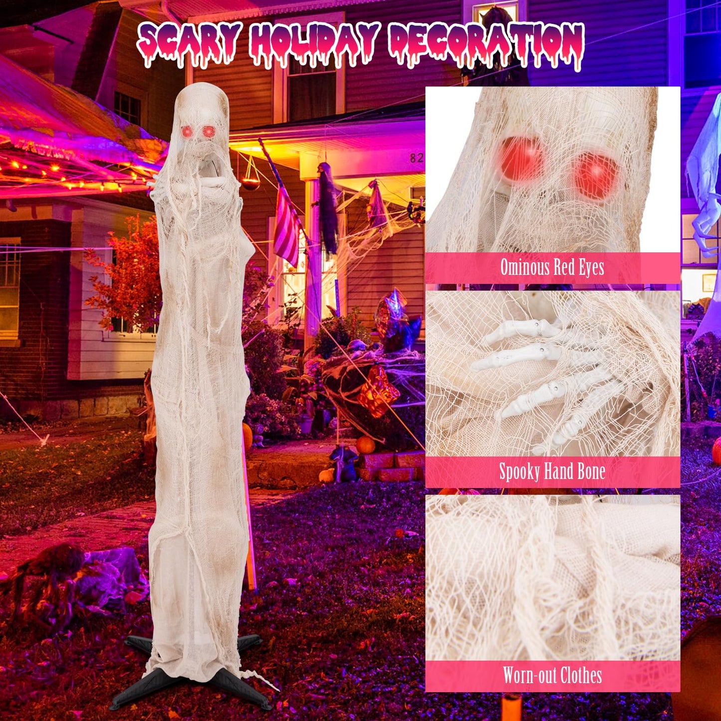 Tangkula 6 FT Halloween Animated Standing Mummy, Life Size Animatronic Mummy with LED Red Glowing Eyes
