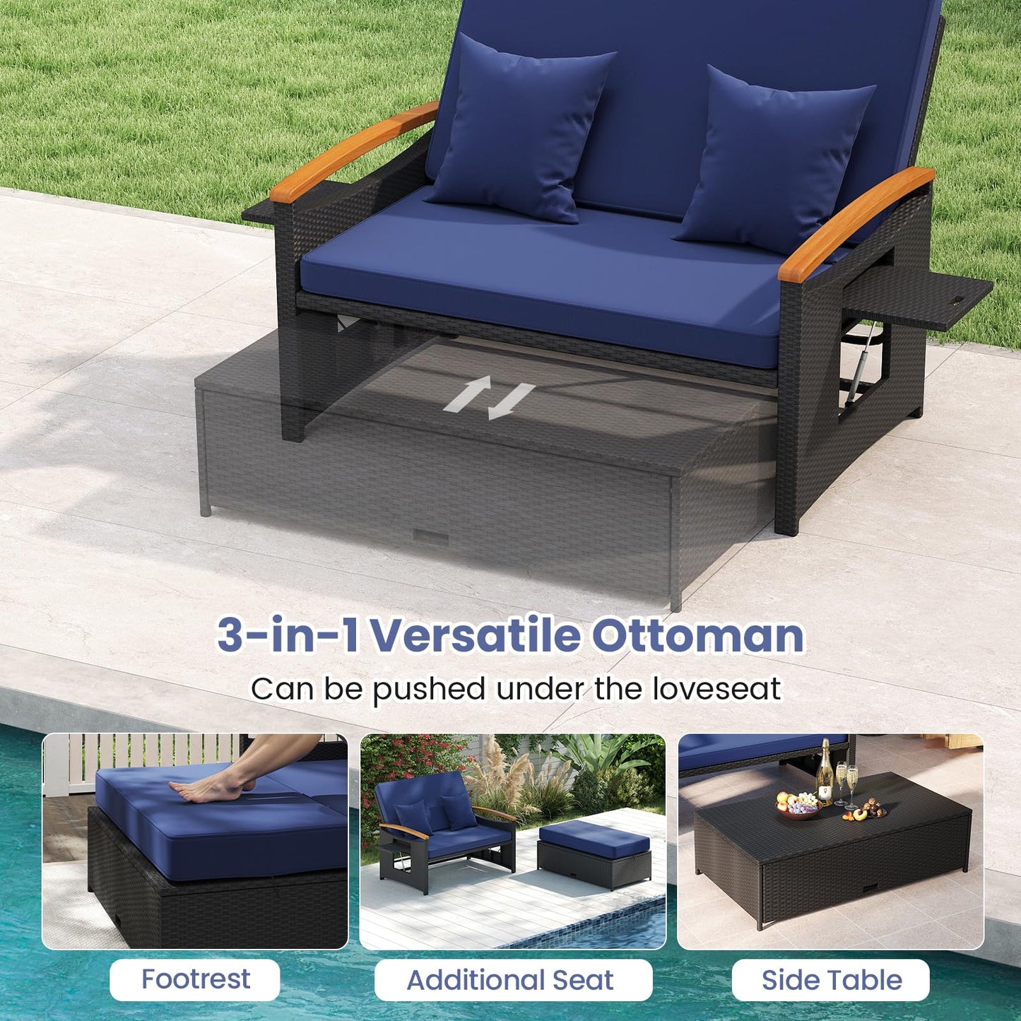 Tangkula Patio Rattan Daybed with 4-Level Adjustable Backrest | Double Sunbed for Yard & Poolside