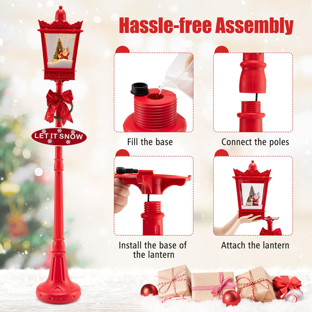 Tangkula 8 Ft Musical Christmas Street Light with Snow & Santa Scene