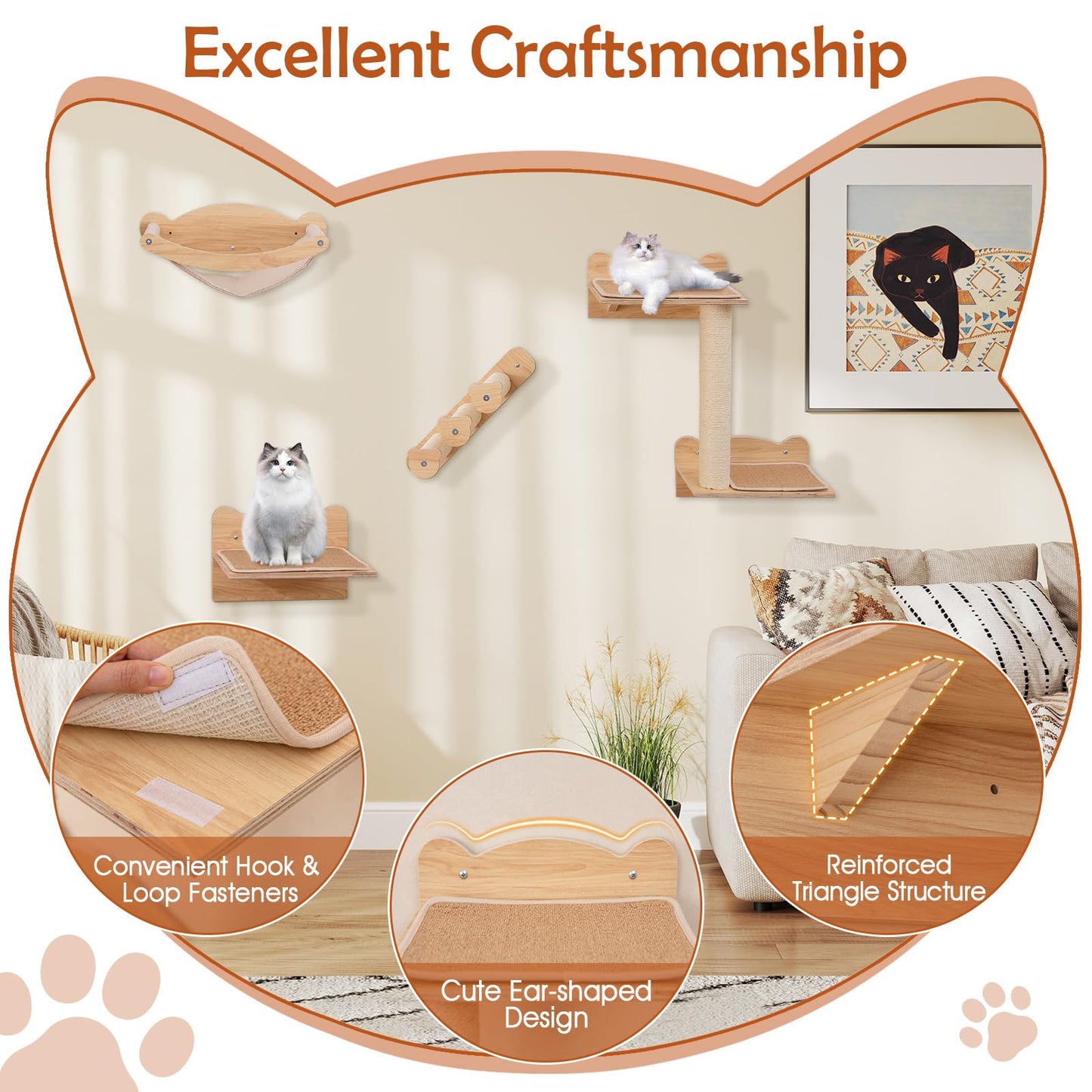 Tangkula Cat Wall Shelves, Wall Mounted 4pcs Kitten Furniture Set with Hammock