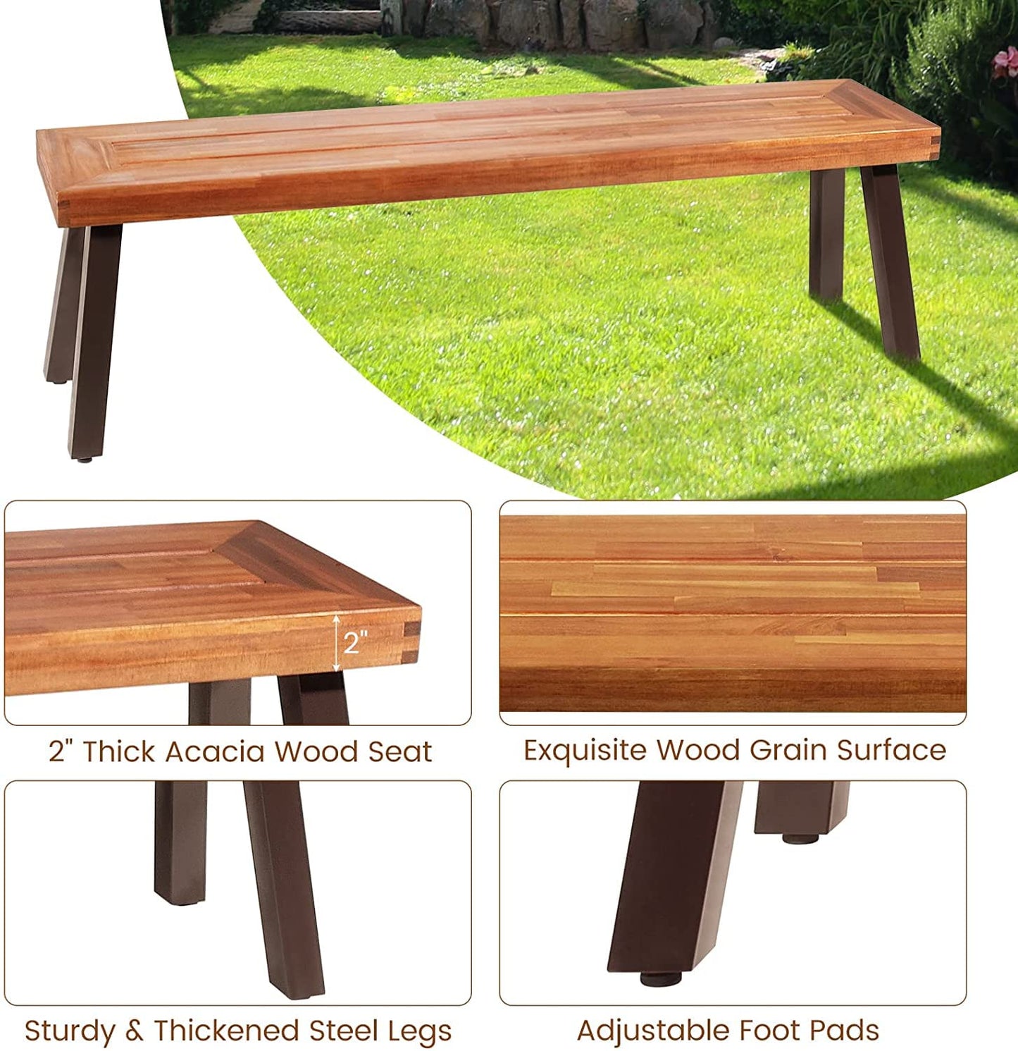 Outdoor Acacia Wood Bench, Patio Dining Bench Picnic Bench with Steel Legs