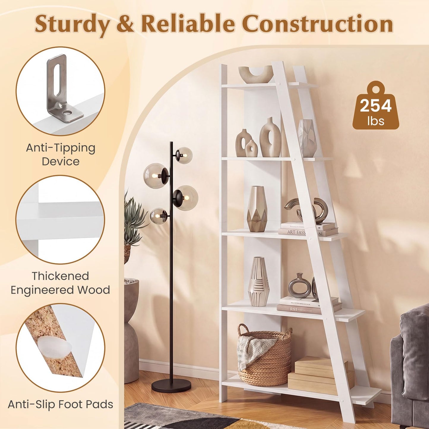 Tangkuka 4/5-Tier Ladder Bookshelf for Living Room