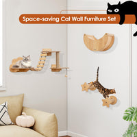 Tangkula Cat Wall Shelves | 6 Pieces Wooden Wall Mounted Kitten Furniture Set with Hammock