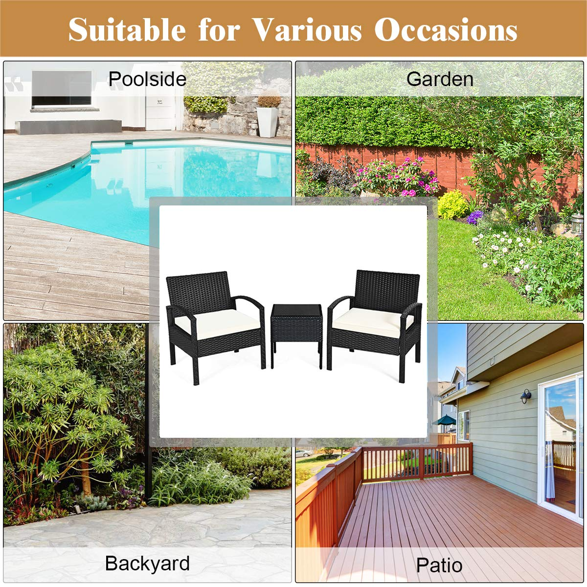 Tangkula 3 Piece Patio Conversation Set, Outdoor Rattan Sofa Set with White Seat Cushions & Coffee Table