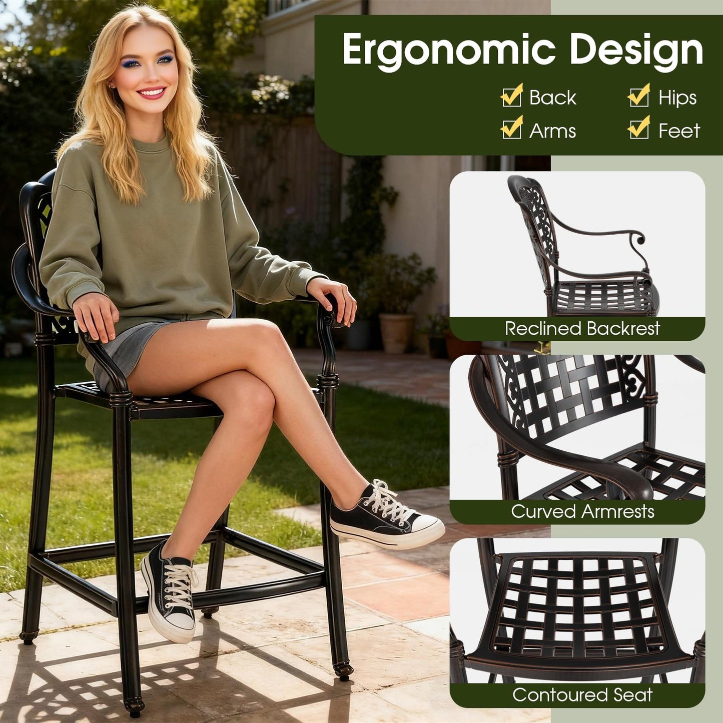Tangkula 3 Piece Patio Bar Set, Outdoor Cast Aluminum Round High Top Table & 2 Counter Height Bar Stools