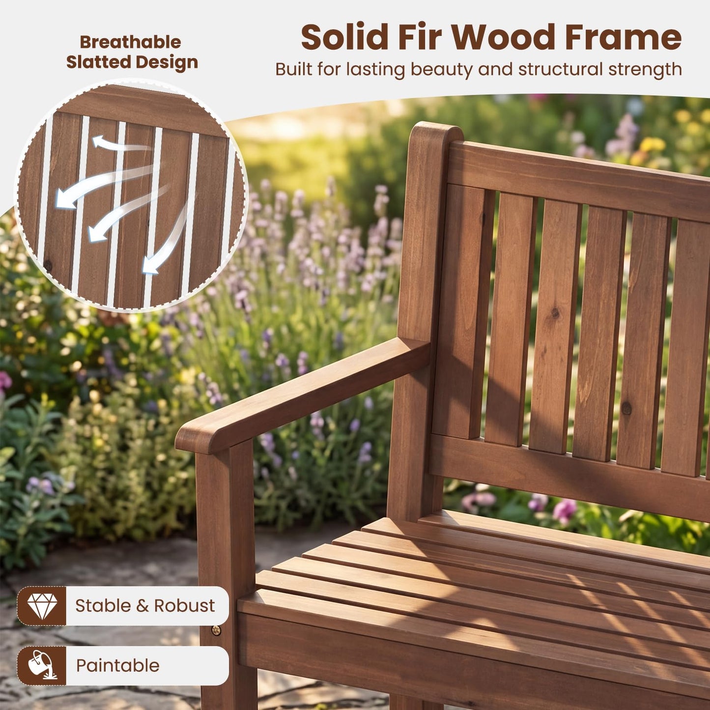 Tangkula 3-Seater Outdoor Wooden Bench | 59" Large Garden Bench with Backrest & Armrests