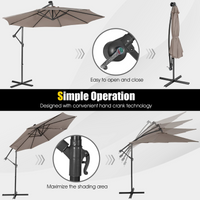 Tangkula 10 ft Cantilever Umbrella w/32 Solar-Powered LED Lights, Functional Tilting System & Hand-Crank Mechanism