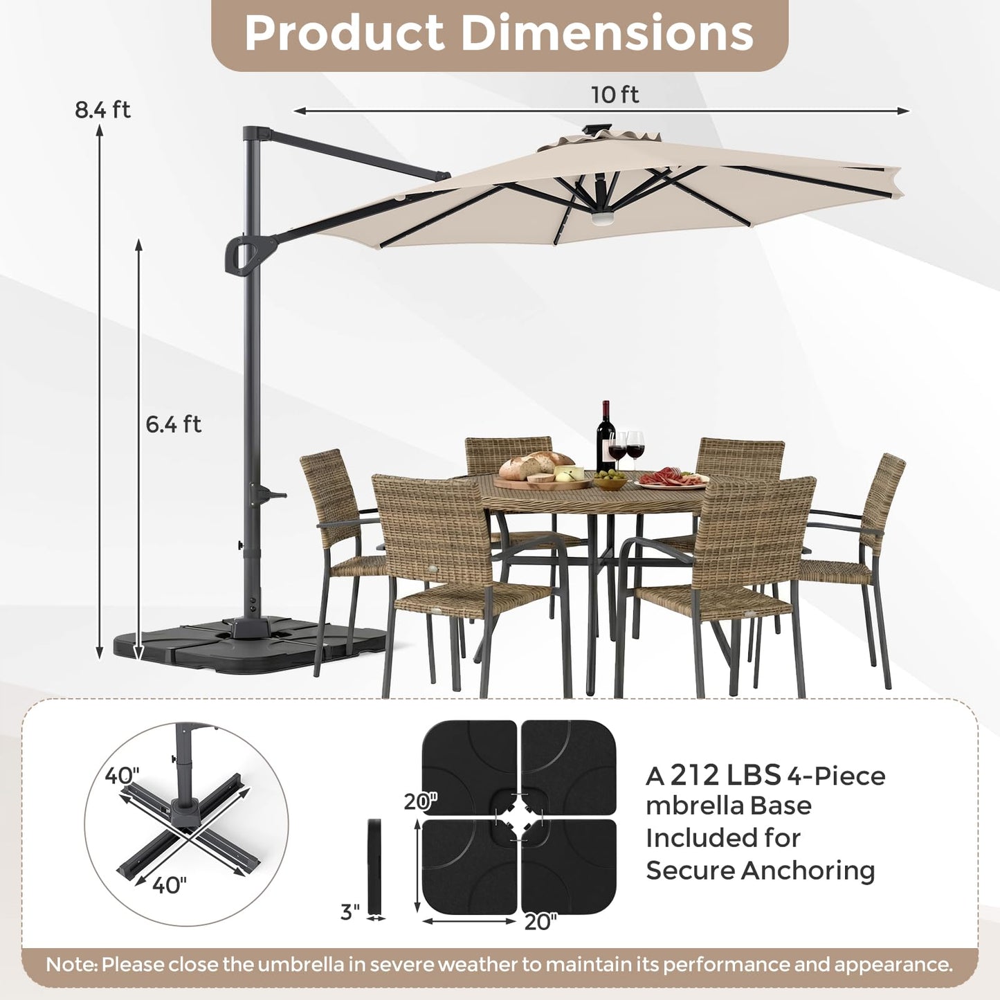 Tangkula 10 FT Solar Patio Umbrella with Base Included Cantilever Offset Outdoor Umbrella