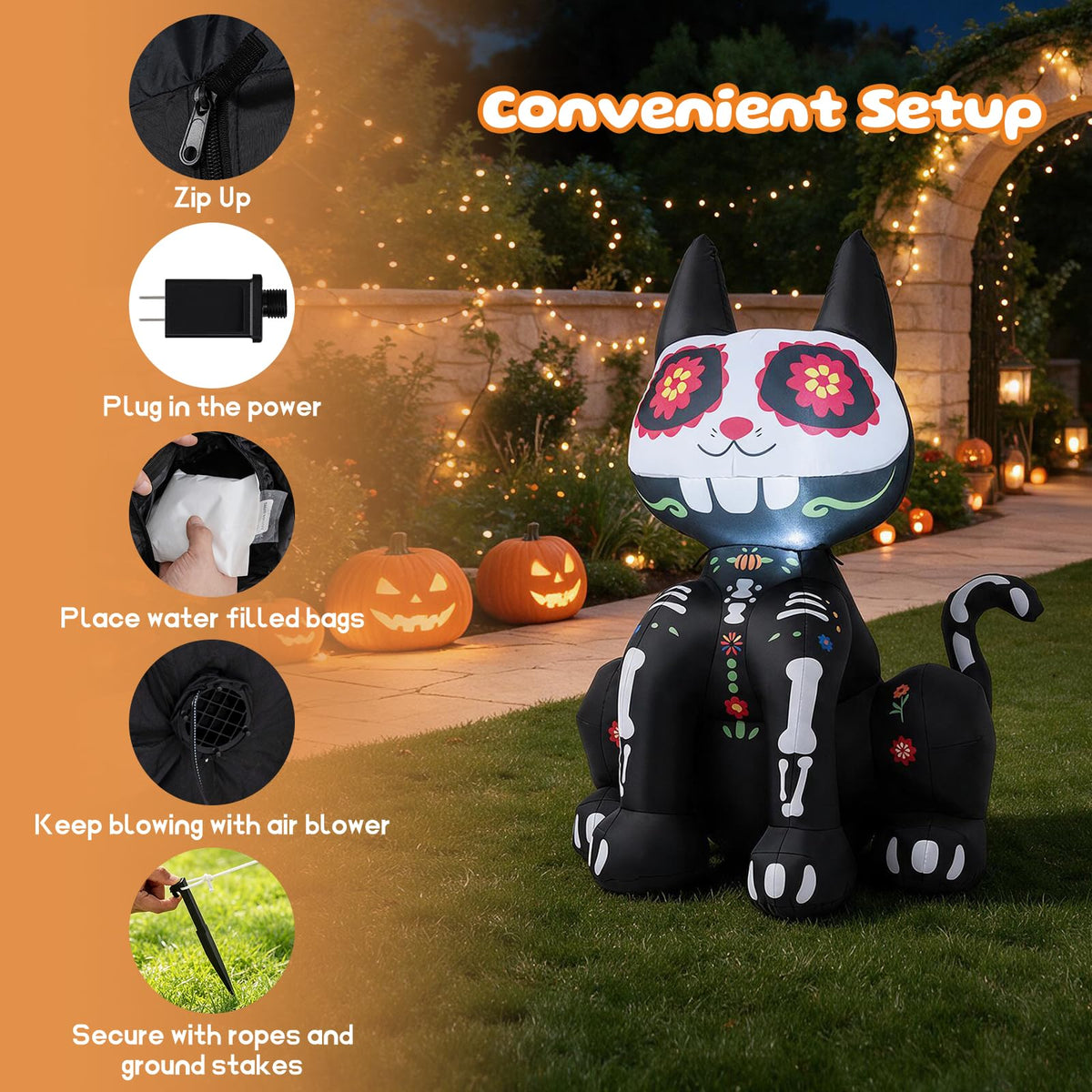 Tangkula 4 FT Day of the Dead Inflatable Skull Black Cat with LED Lights