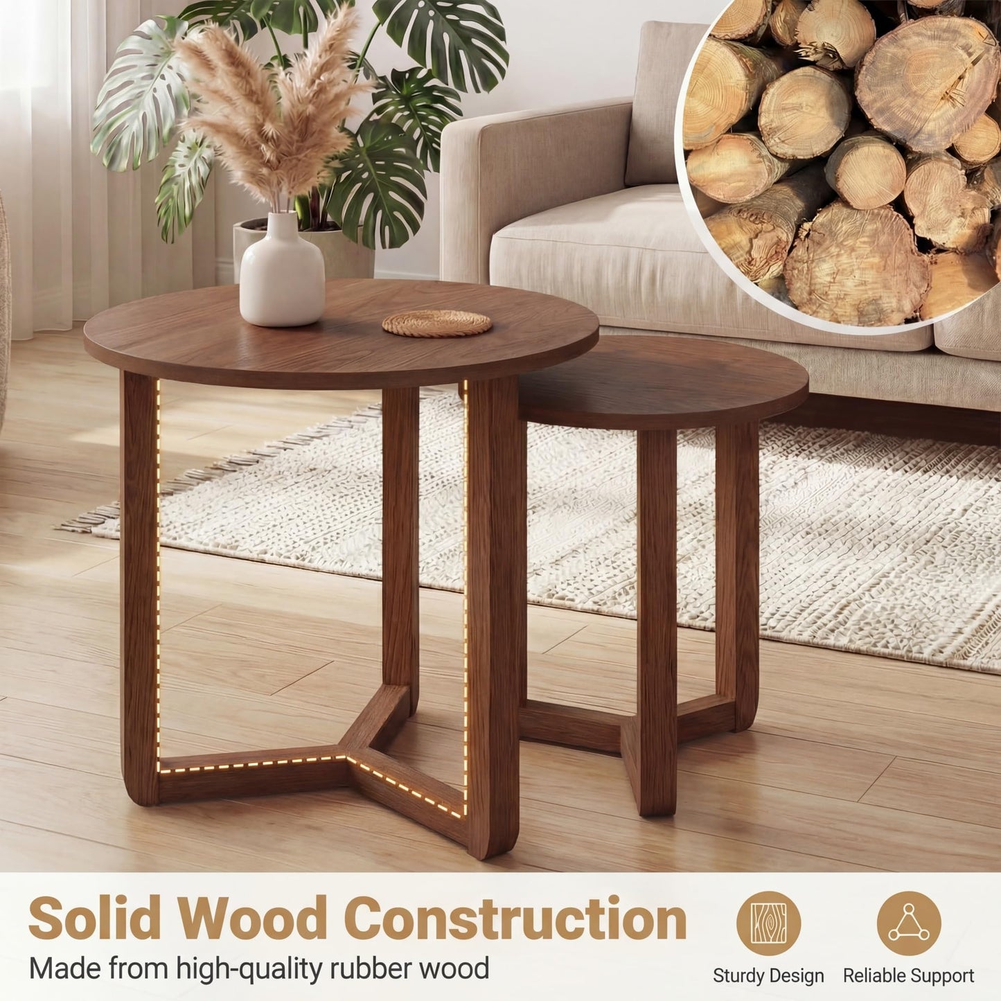 Tangkula Round Nesting Coffee Table Set of 2 with Solid Rubber Wood Tripod Legs