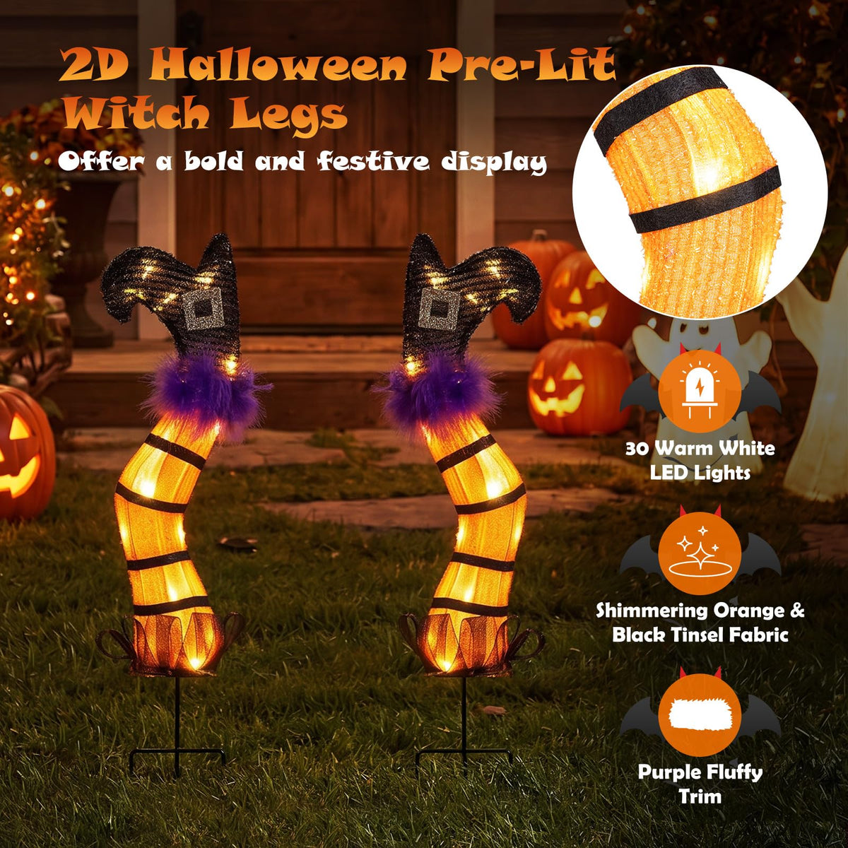 Tangkula Set of 2 Halloween Lighted Witch Legs Decorations with Stakes
