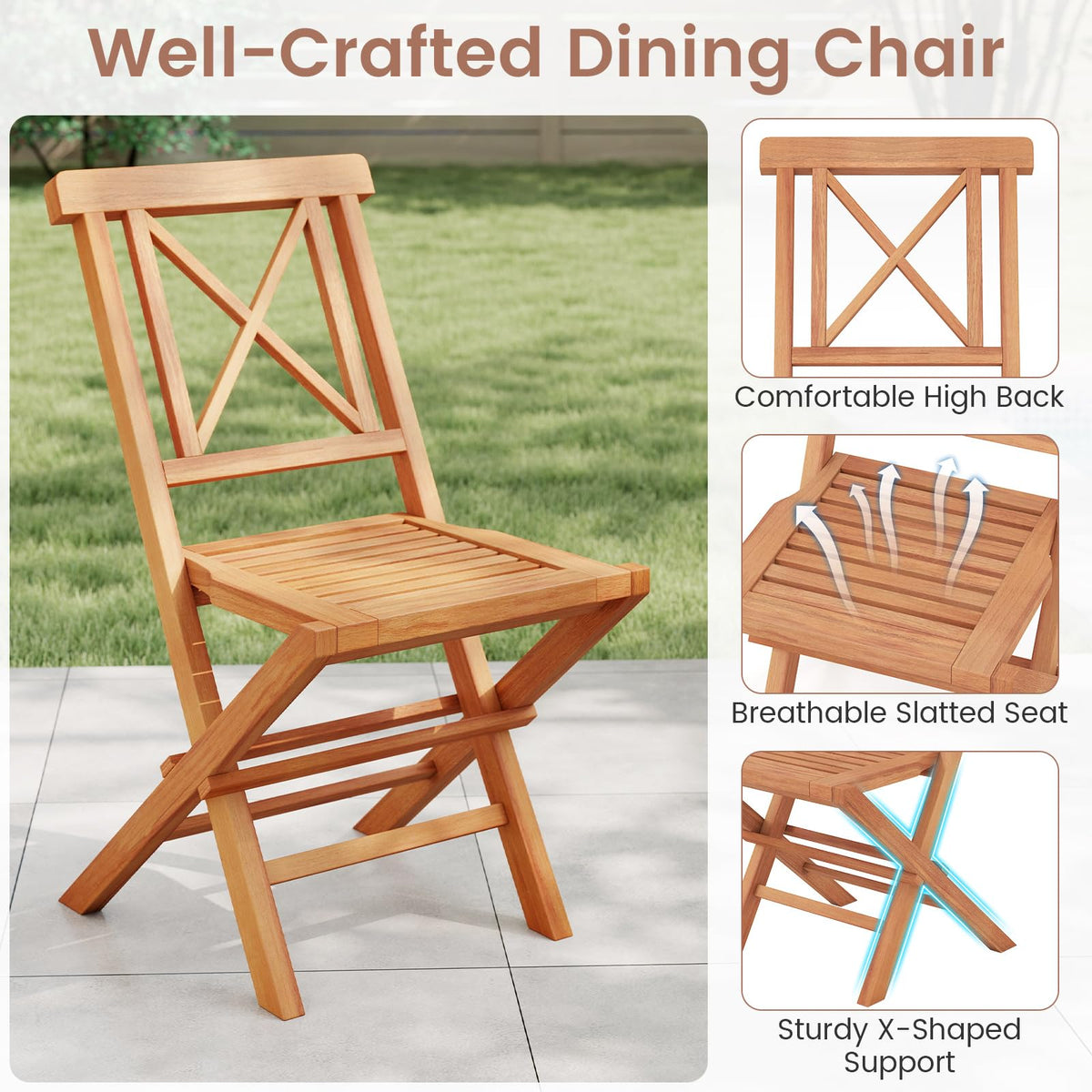 Tangkula Teak Wood Folding Patio Chairs Set of 2/4 (X-Shaped Back）