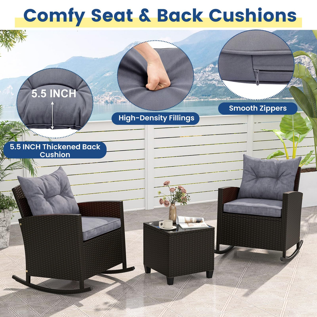 Tangkula 3 Piece Wicker Outdoor Rocking Chairs Set for Porch Garden Patio Backyard Poolside