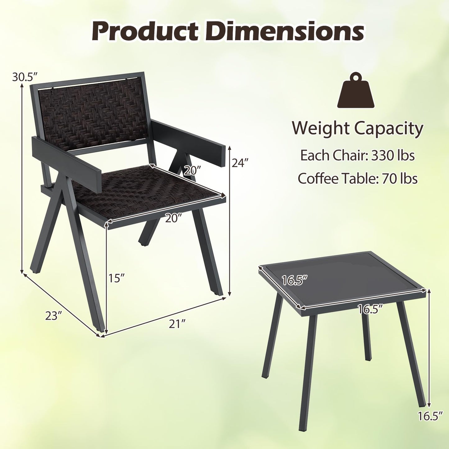 Tangkula 3 Pieces Patio PE Wicker Bistro Set