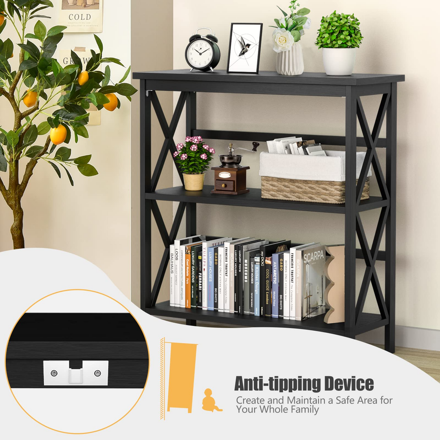 Tangkula 3-Tier Bookcase and Bookshelf, Wooden Open Shelf Bookcase, X-Design Etagere Bookshelf for Home Living Room Office