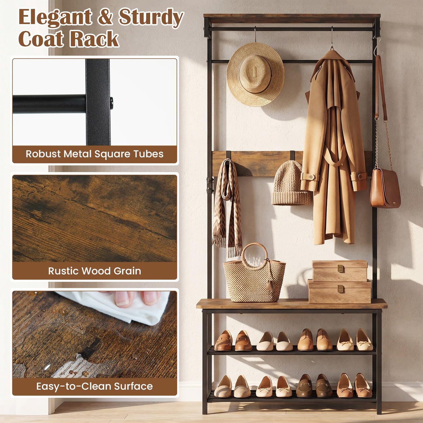 Tangkula Hall Tree with Bench and Shoe Storage for Entryway