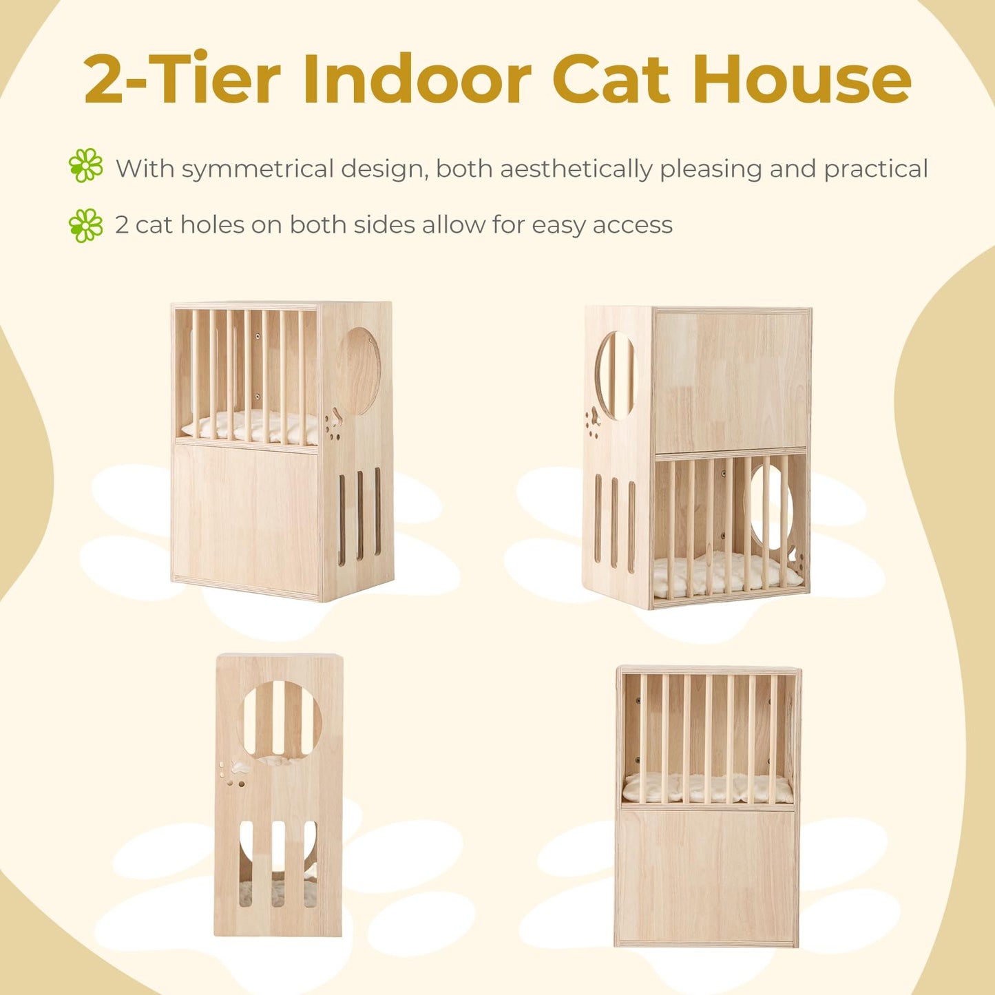 Tangkula 2 Tier Luxury Wood Cat House w/ 2 Washable Plush Cushions