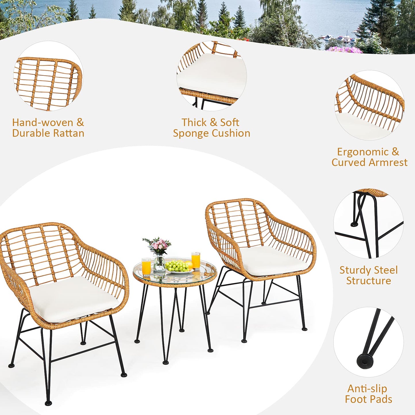 3 Pieces Patio Bistro Set, Rattan Conversation Set with 2 Cushioned Armchairs & Round Glass Coffee Table