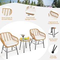 3 Pieces Patio Bistro Set, Rattan Conversation Set with 2 Cushioned Armchairs & Round Glass Coffee Table