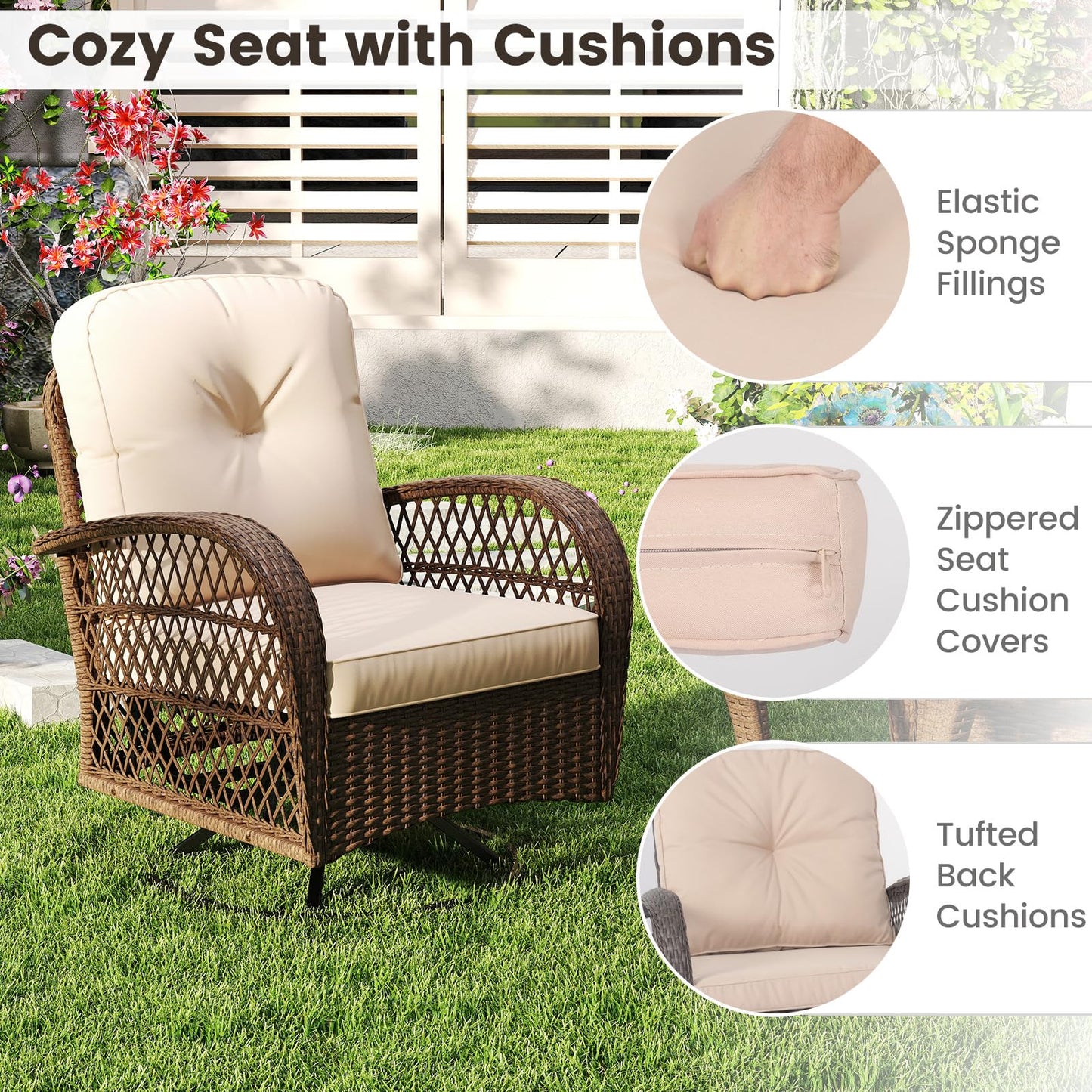 Tangkula 3 Piece Patio Swivel Rocker Set 2 Outdoor Wicker Rocking Chairs