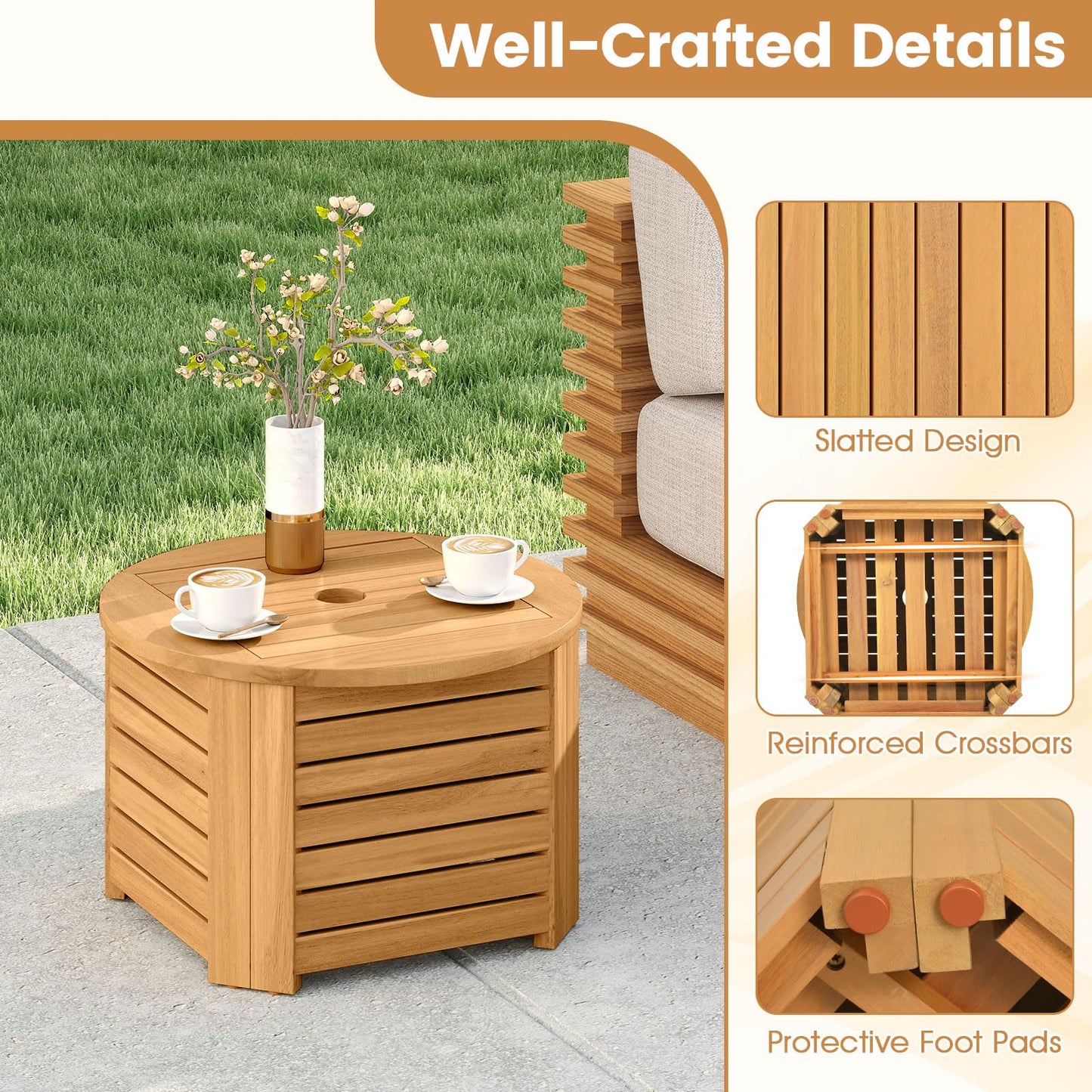 Tangkula 2-in-1 Outdoor Side Table with Storage with Umbrella Hole & Removable Base