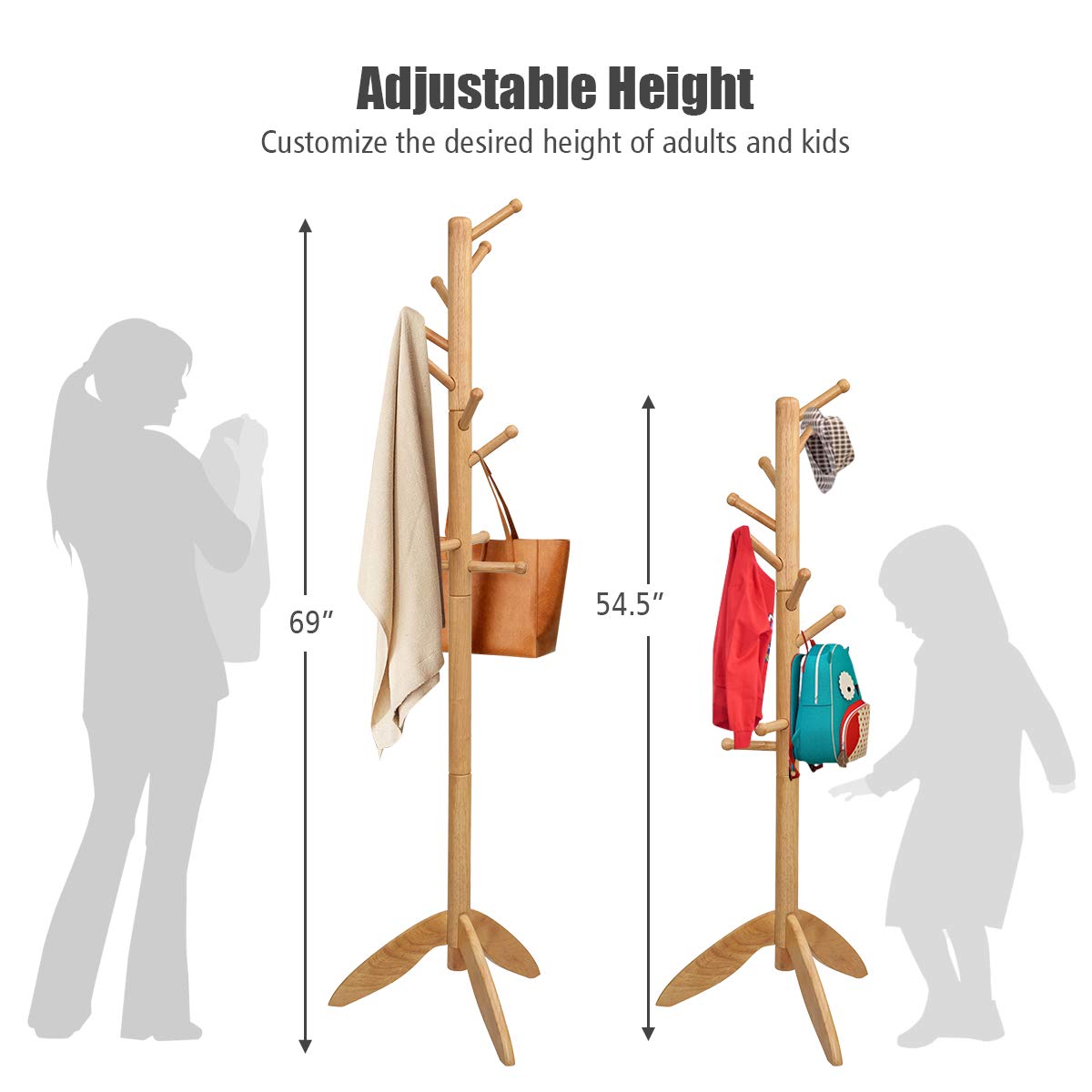 Tangkula Wood Tree Coat Rack with 11 Hooks & Stable Tri-Legged Base