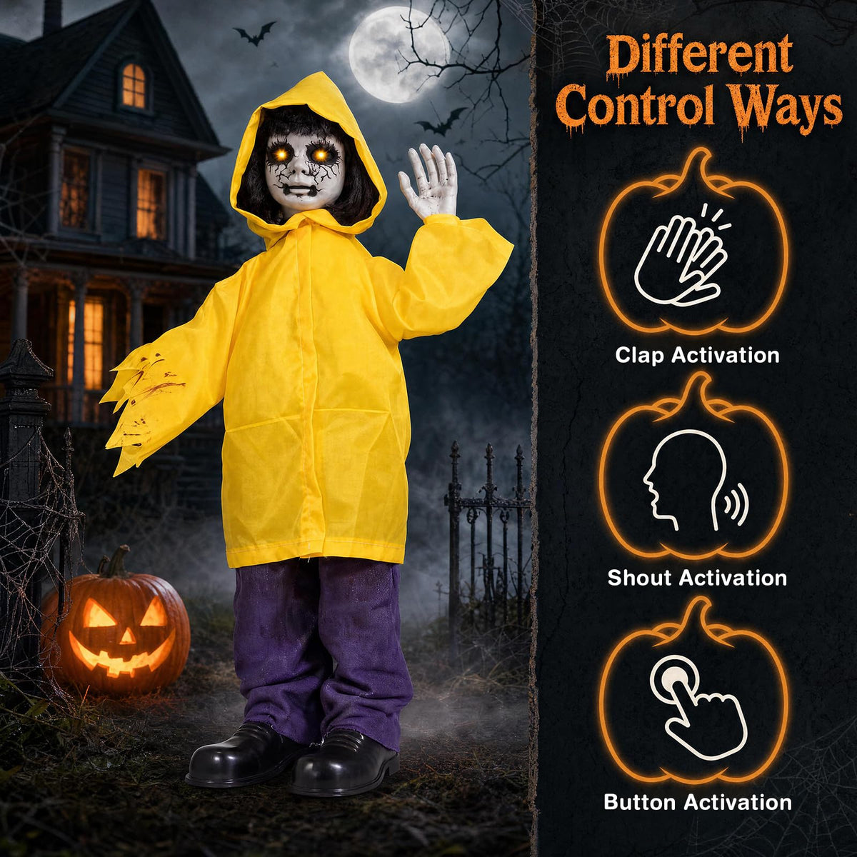 Tangkula Halloween Animated Life Size Scary Boy with Light Up Eyes