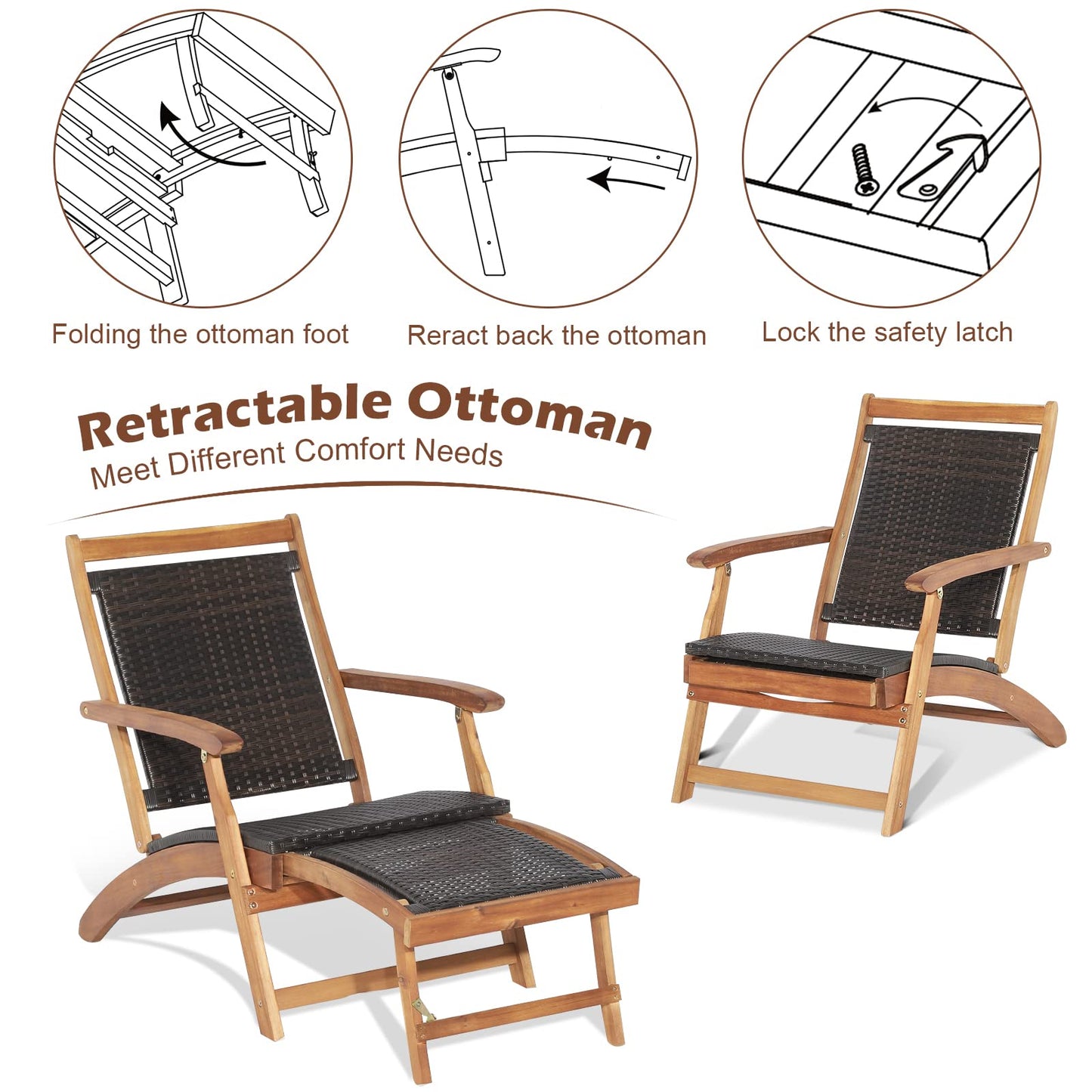 Tangkula 3 Piece Chaise Lounge Chair Set, Acacia Wood Deck Chairs with Side Table