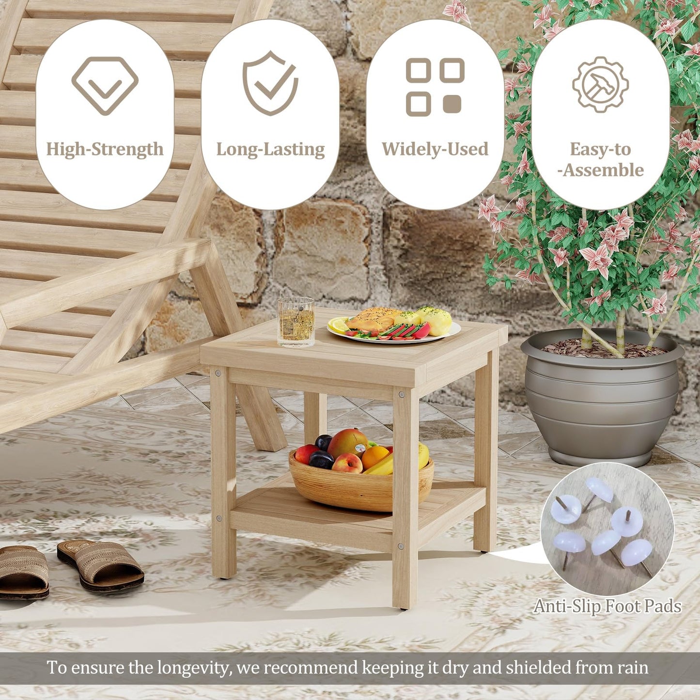 Tangkula 2-Tier Outdoor Side Table, Teak Wood End Table with Storage Shelf, Square Patio Snack Table