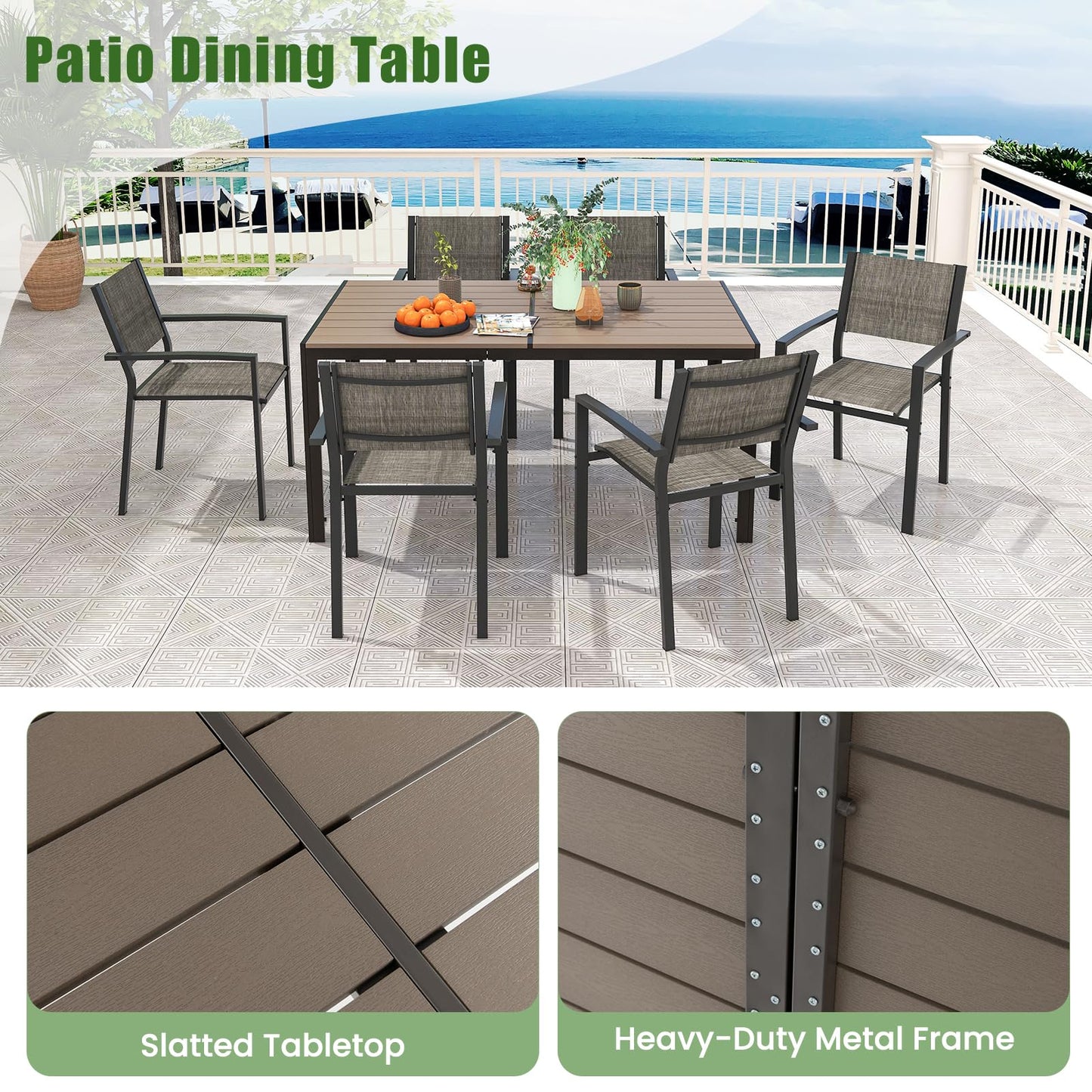 Tangkula Outdoor Rectangle Dining Table, 59” x 35” Large Outside Table with Metal Legs
