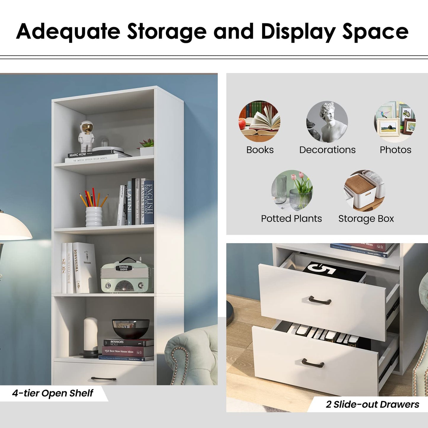 Tangkula 4 Shelf Bookcase with 2 Drawers, 74 Inches 4 Tiers Tall Open Bookshelf with 2 Slide-Out Drawers