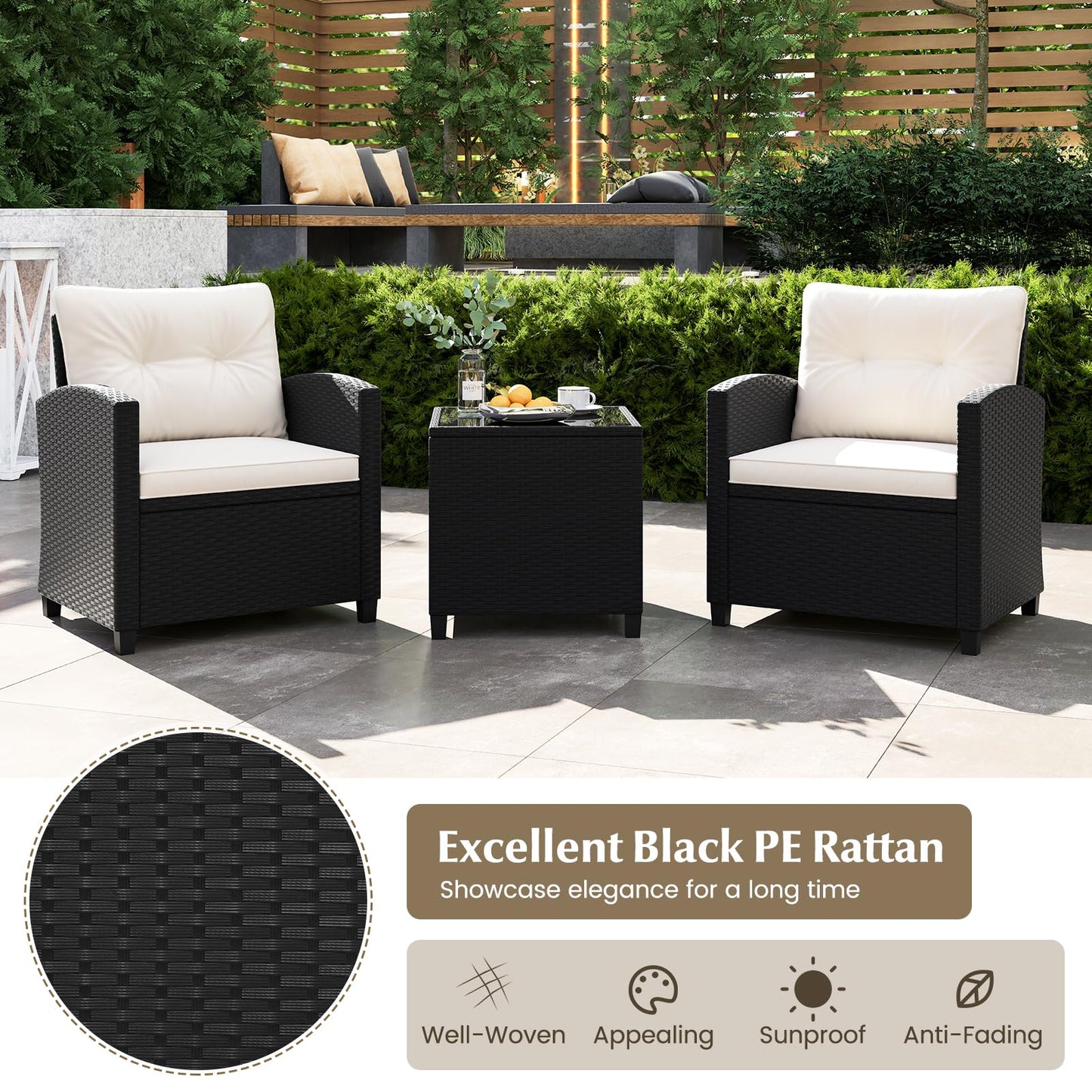 Tangkula 3 Piece Patio Furniture Set, Rattan Conversation Set w/Soft Seat & Back Cushions
