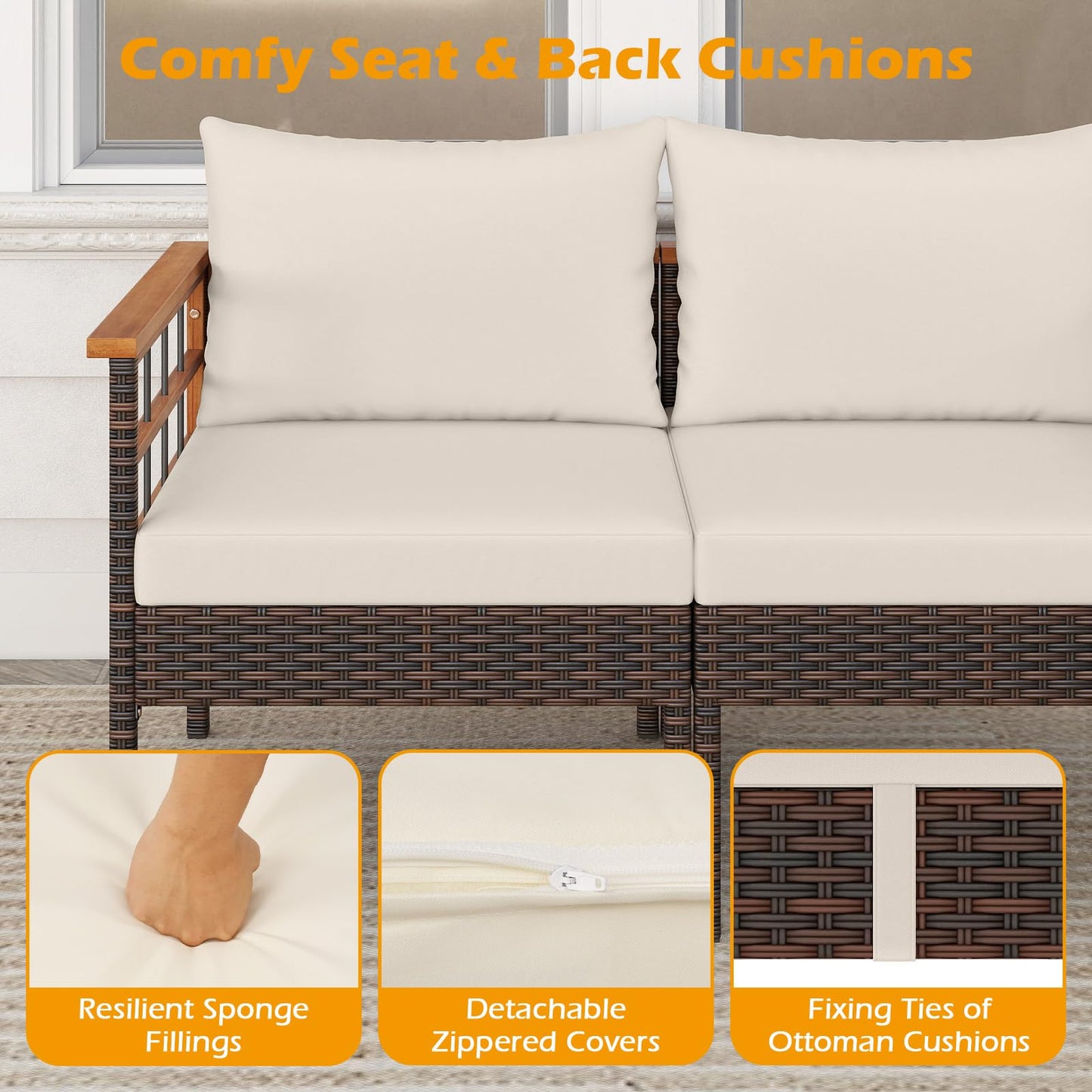 Tangkula 7 Pieces U Shaped Outdoor Wicker Furniture Set