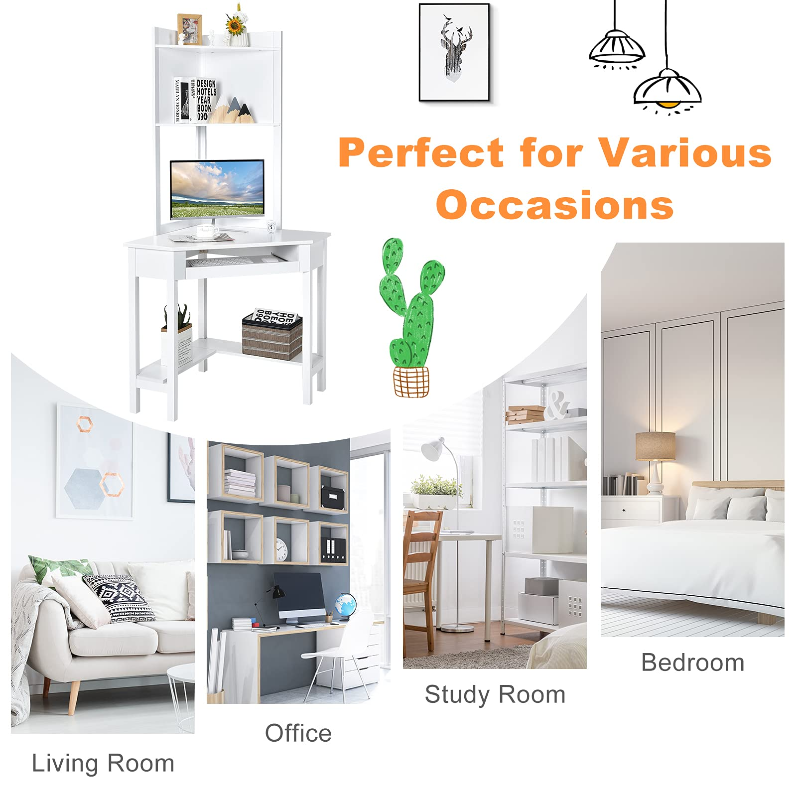 White Corner Desk with Hutch - Tangkula