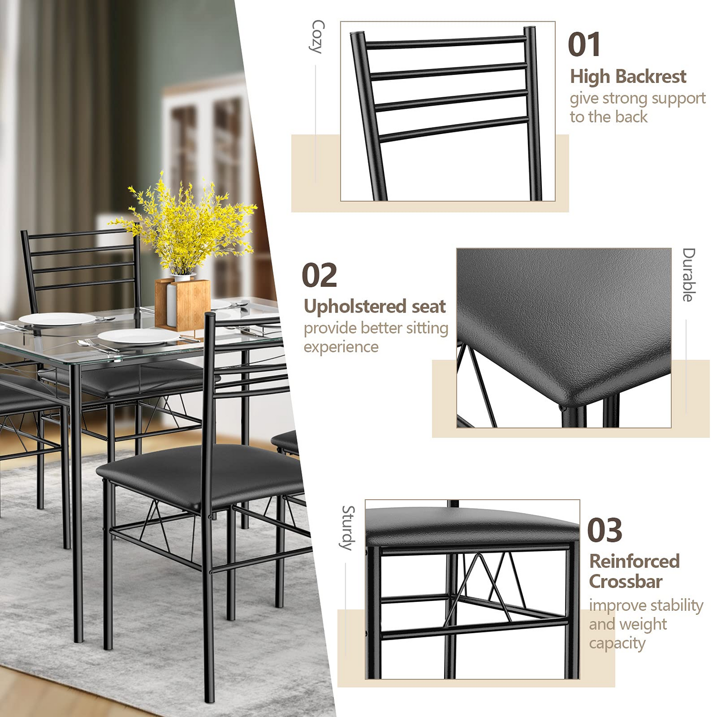 Tangkula Dining Table Set, 5 Pieces Dining Set with Tempered Glass Top Table and 4 Chairs