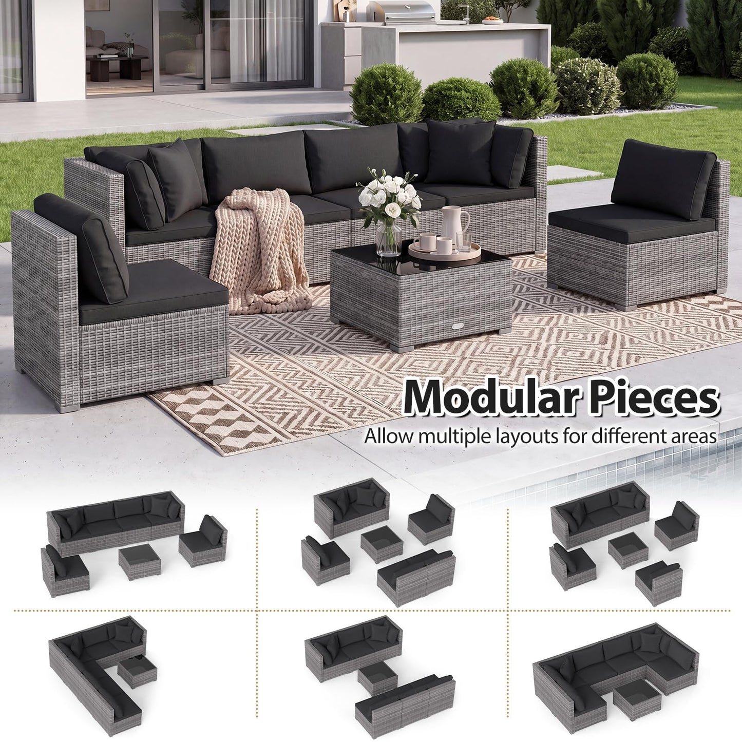 Tangkula 7 Pieces Wicker Sectional Patio Furniture Set | PE Rattan Sofas with Tempered Glass Coffee Table