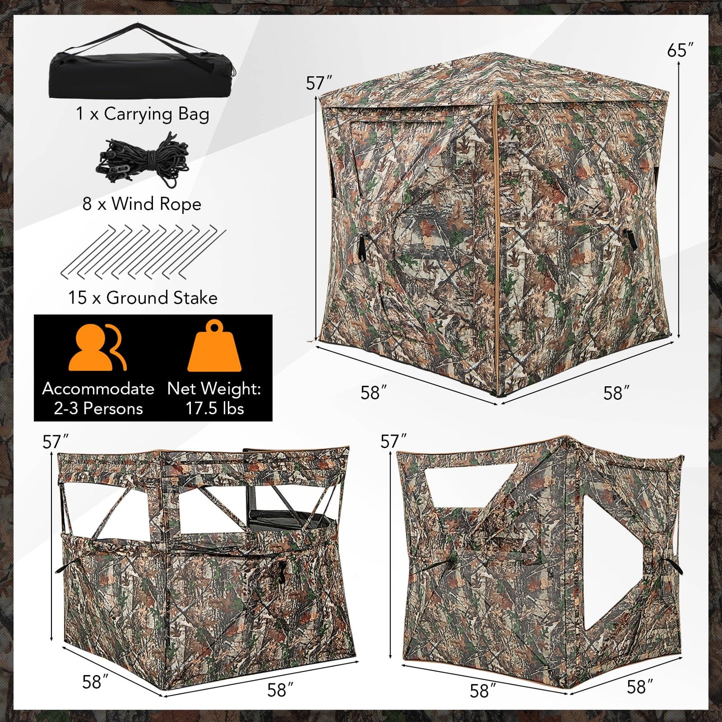 Tangkula 3-in-1 Hunting Blind for 2-4 Person, 360 Degree See Through Ground Blind with Skylight