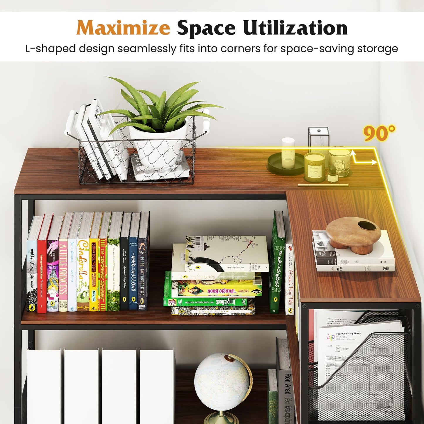 Tangkula Large Corner Bookshelf 90 Degrees 5-Tier Industrial Wood Open Corner Bookcase