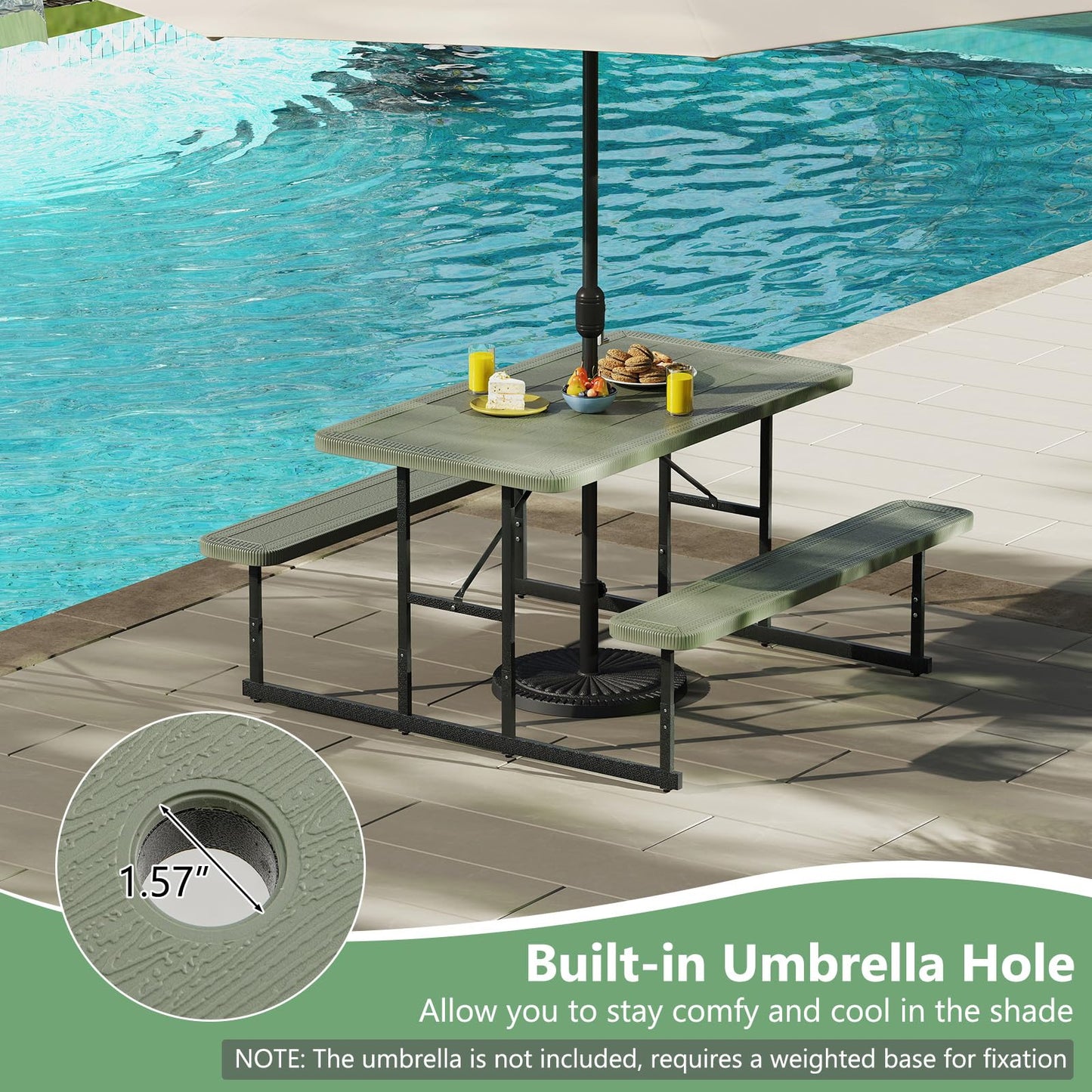 Tangkula HDPE Outdoor Rectangular Table Bench Set with 2 Built-in Benches
