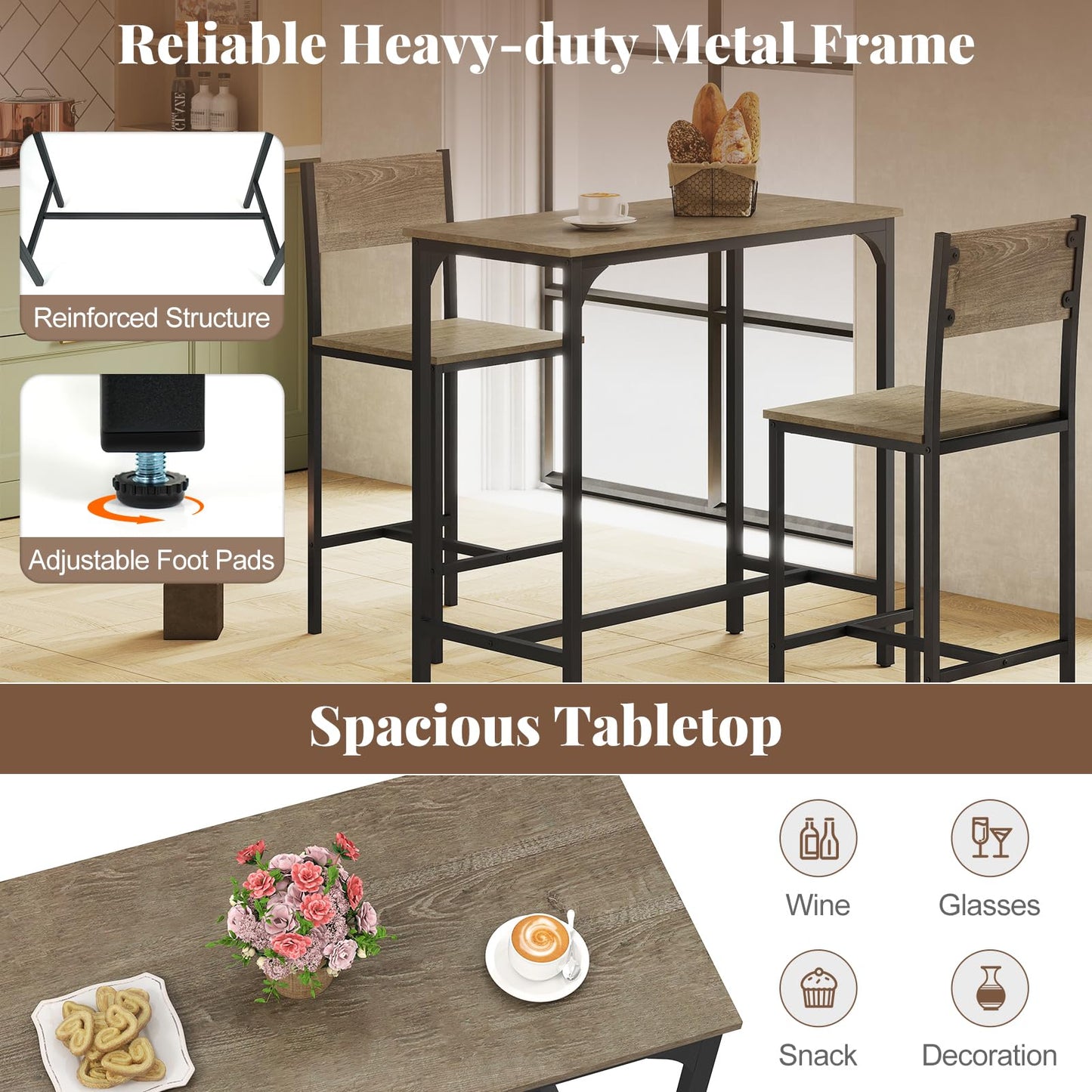 Tangkula 3 Piece Counter Height Bar Table Set Pub Table and Chairs